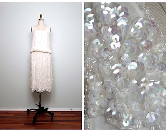 Vintage Silk Sequin Midi Dress / Iridescent Beaded Sequined Short Wedding Dress