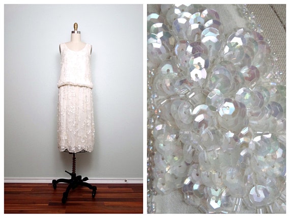 Vintage Silk Sequin Midi Dress / Iridescent Beade… - image 1