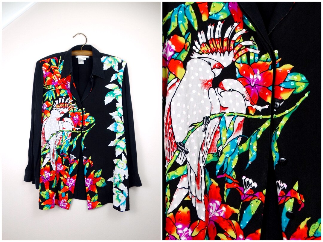 Cockatoo Sequin Button Down Blouse / Bird Lovers Tropical Long Sleeve