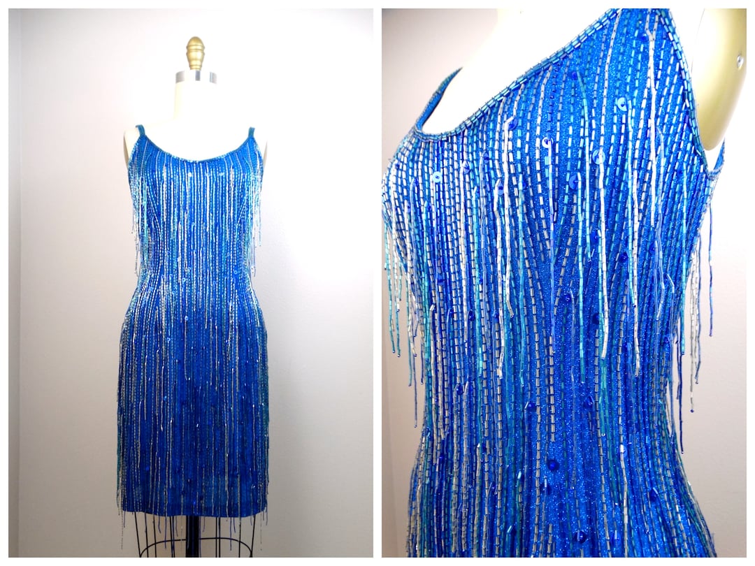 RARE Blue Fringe Beaded Dress // All Over Fringed Sequined Dress // Royal Blue Sequin Embellished Fringe Dress RARE Blue Fringe Beaded Dress // All Over Fringed Sequined Dress // Royal Blue Sequin Embellished Fringe Dress