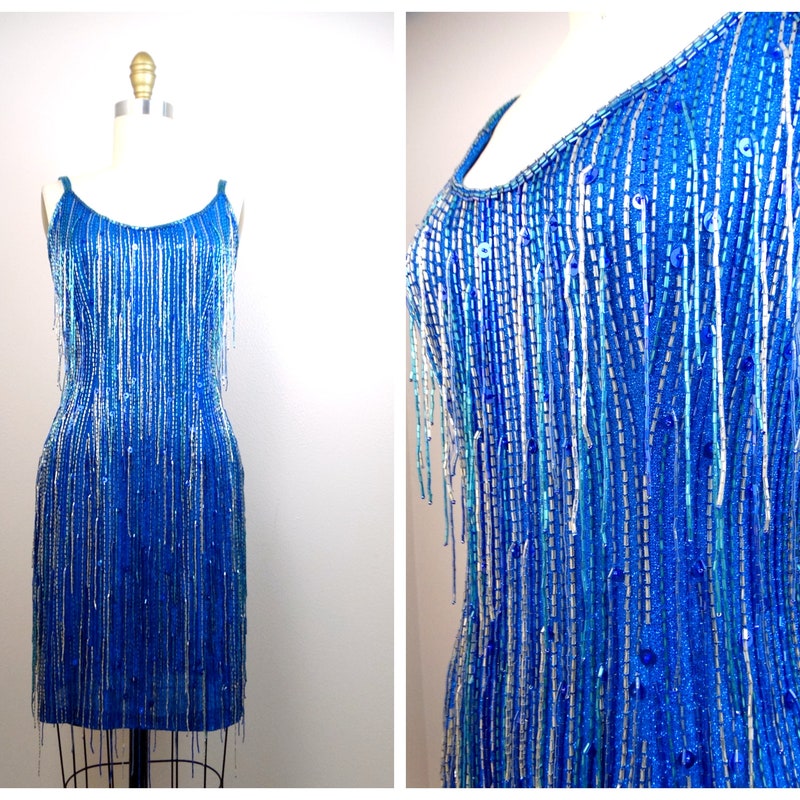 Blue Sequin Ball Dress with Fringes