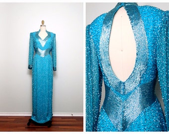 80s 90s Silk Beaded Teal Blue Gown • Turquoise Ocean Blue Full Length 1980s Pageant Dress • Lillie Rubin Gown Deadstock Vintage w/ Tags