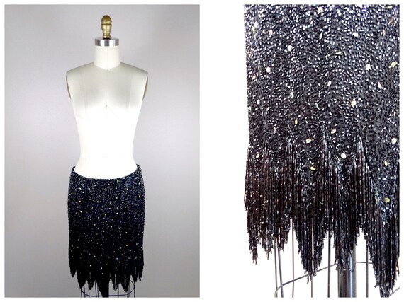 90s Glass Beaded Fringe Sequined Mini Skirt // Fu… - image 5