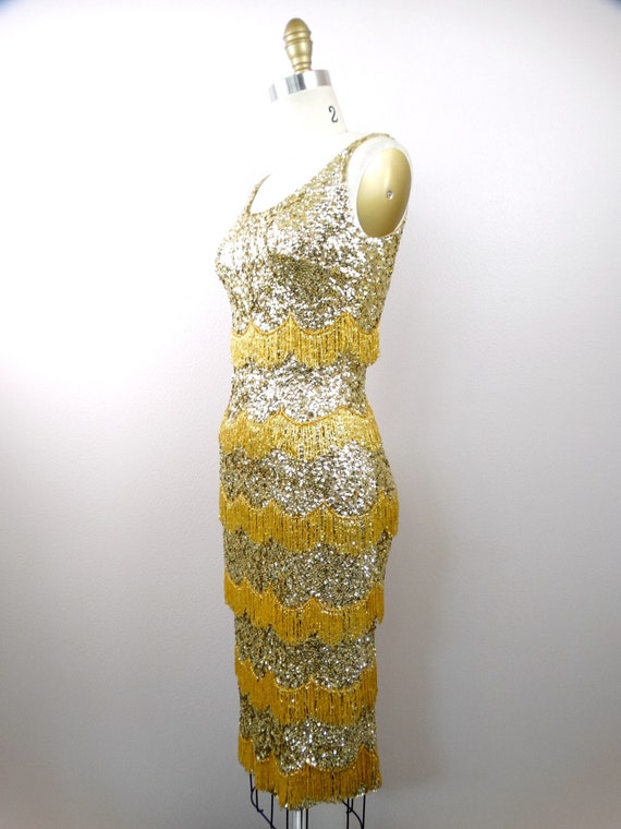 50s Bombshell Sequined Fringe Beaded Dress / 1950… - image 6