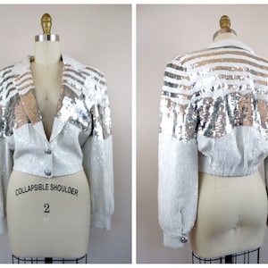 S/M Vintage Striped Sequin Jacket // Retro Sequined Cropped Bomber Jacket // Bright White and Mirror Silver Sequined Bolero Jacket