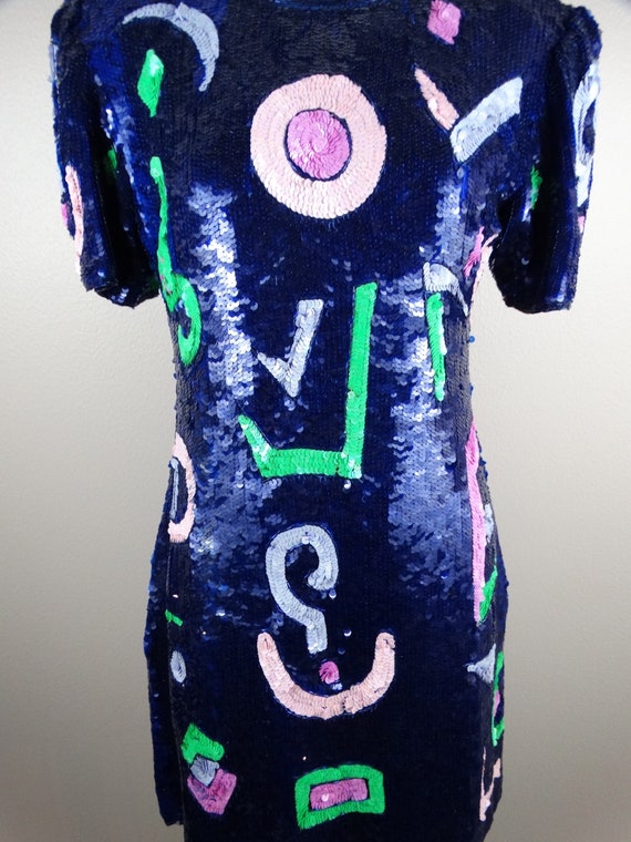 80s 90s Funky Sequined Mini Dress // Blue Pink Pu… - image 4