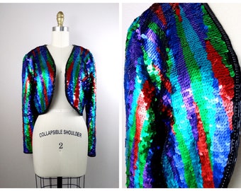 M/L Colorful Sequined Cropped Cardigan / Bright Glam Sequin Embellished Fancy Bolero Jacket