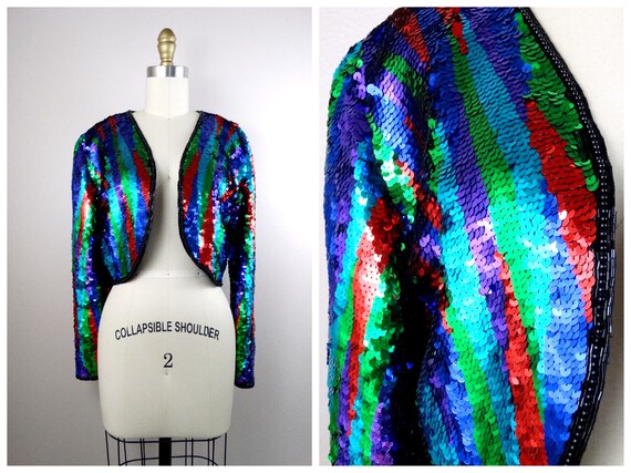 M/L Colorful Sequin Cropped Cardigan / Bright Gla… - image 1
