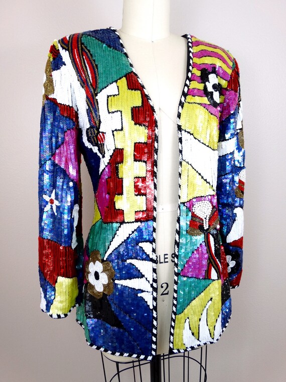 RARE Colorblock Beaded Jacket / Retro Rainbow Emb… - image 3