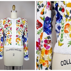 HEAVY Hand Beaded Sequin White Jacket // Bright Floral Sequined Beaded Jacket // Fully Embellished Colorful Embroidered Blazer