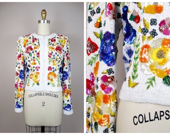 HEAVY Hand Beaded Sequin White Jacket // Bright Floral Sequined Beaded Jacket // Fully Embellished Colorful Embroidered Blazer