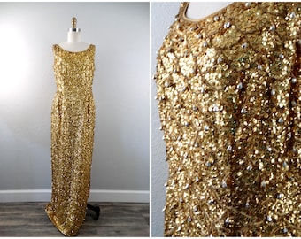 Jaren '50 jurk met lovertjes, franje en kralen / jaren 1950 couture jurk met gouden pailletten verfraaid, gemaakt in de Britse kroonkolonie, Hong Kong
