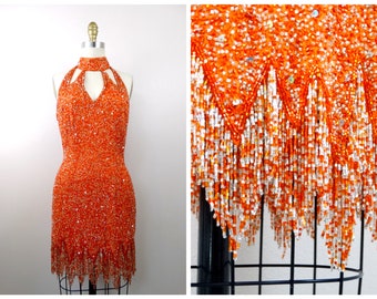 RIAZEE Beaded Party Dress / Bright Orange Embellished