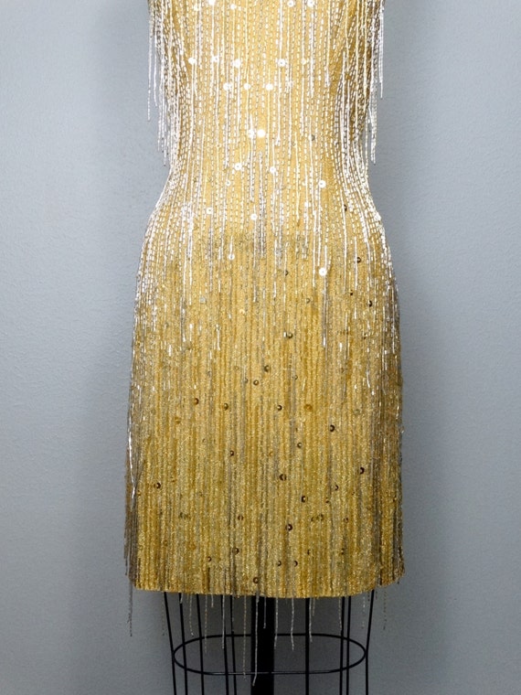 Gold Fringed Beaded Sequin Dress // Fringe Gatsby… - image 3