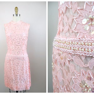 60s Pink Beaded Lace Sequined Dress ‣ Pastel Pink Pearl Beaded Dress ‣ 1960’s Iridescent Sequin Embellished Dress