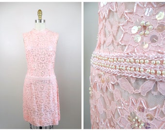 60s Pink Beaded Lace Sequined Dress ‣ Pastel Pink Pearl Beaded Dress ‣ 1960’s Iridescent Sequin Embellished Dress