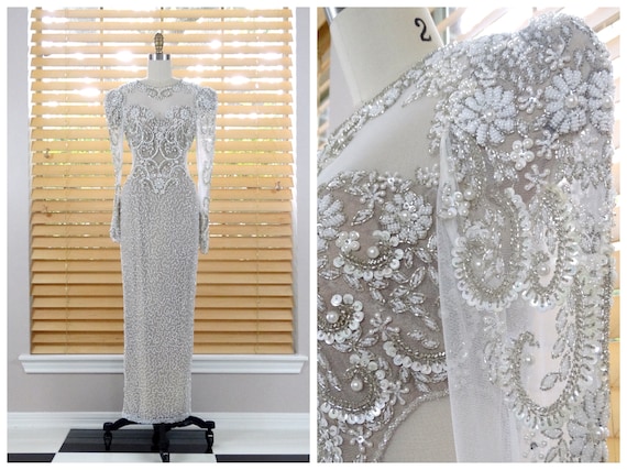 Nude Illusion Pearl Beaded Wedding Dress // Vinta… - image 1