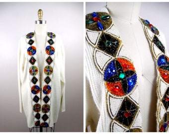 Ornate Bejeweled Cardigan Sweater // Vintage Jewel Embellished Gold Beaded Ivory Jacket Bedazzled Top