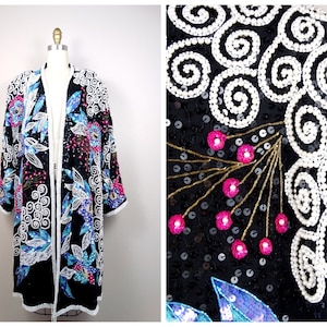 RARE Pearl Beaded Kimono Kaftan Jacket / Pink Purple & Blue Vintage Swirly Floral Sequin Duster Coat O/S