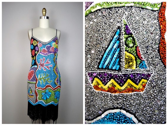 S/M Couture Fringe Beaded Dress / NAEEM KHAN Beaded Colorful Sequin Dress / Bright Abstract Rainbow Embellished Novelty Dress - Etsy S/M Couture Fringe Beaded Dress / NAEEM KHAN Beaded Colorful Sequin Dress / Bright Abstract Rainbow Embellished Novelty Dress - Etsy