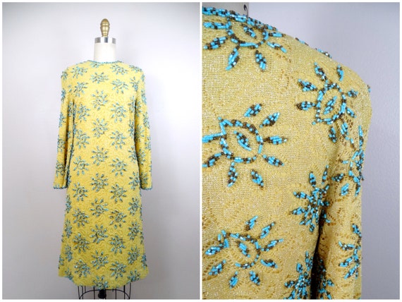 60s Mod Embellished Lace Dress // 1960s Mustard Y… - image 1