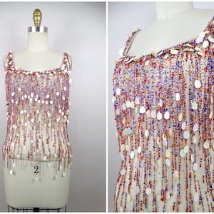 RARE Beaded Fringe Sequined Couture Tank Top / Dripping Fringed Bead Sequin Embellished Crop Top