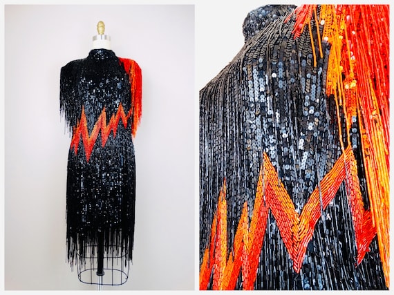 90s Couture All Fringe Beaded Sequined Dress // H… - image 1