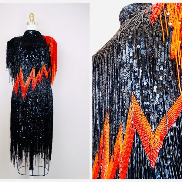 Bob Mackie All Fringe Beaded Dress // HEAVY Fully Sequined Red Carpet Couture Dress // Vintage Designer Dress