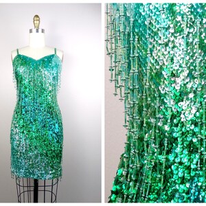 Iridescent Mermaid Green Sequin Dress / Chameleon Ombre Fringe Beaded Mini Dress