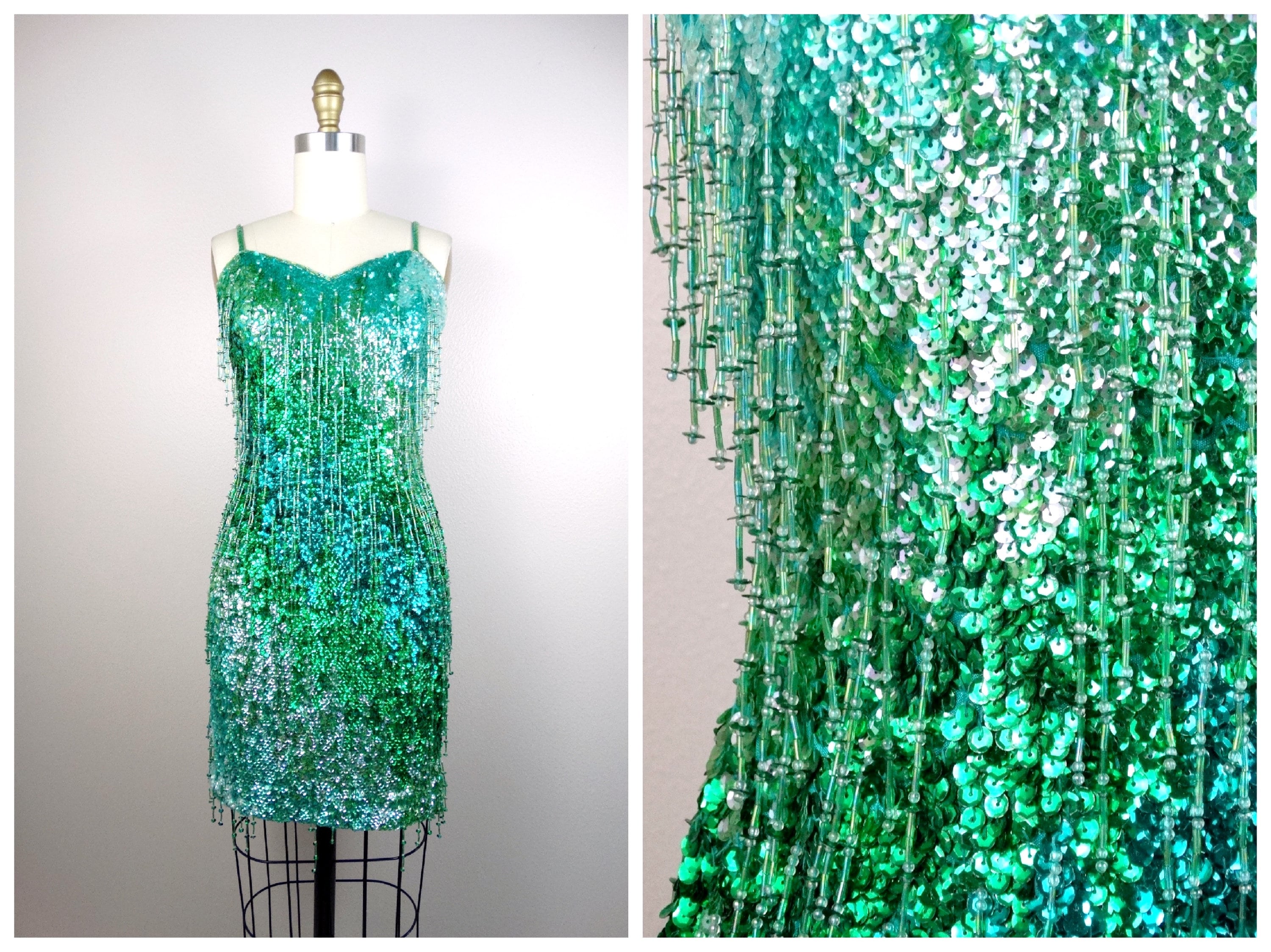 Iridescent Mermaid Green Sequin Dress / Chameleon Ombre Fringe Beaded Mini  Dress - Etsy
