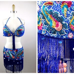 Vintage Showgirl Dancer Fringe Beaded Bra and Skirt // Heavily Embellished Belly Dance Costume // Blue Bra Waist Belt Skirt made in Egypt