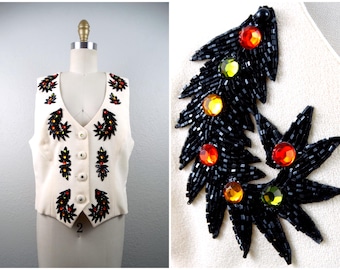 70s 80s Rhinestone Cowgirl Vest / 1970's 1980's Western Vintage Crystal Jewel Beaded Button Down Crop Top