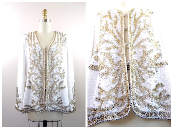 Art Deco Pearl Beaded Jacket // Gold Beaded Silk … - image 1