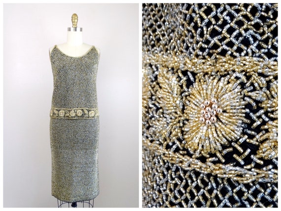 50s 60s Gold Beaded Dress Set / 1950's 1960's Heavily Embellished Pencil Skirt and Top / Sydney's Originals Los Angeles Las Vegas