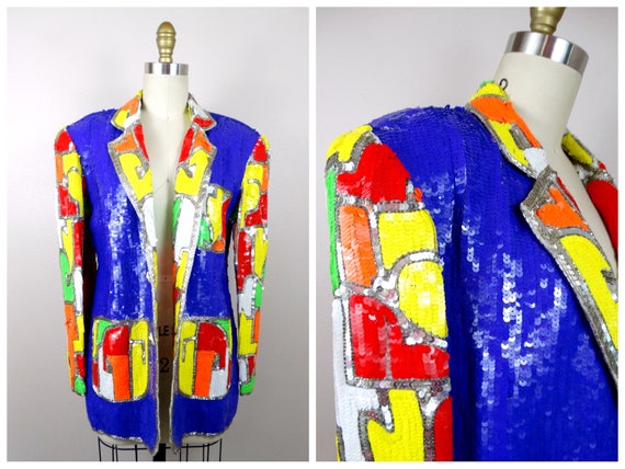 NEON Colorblock Sequin Blazer // Bright Color-blo… - image 3