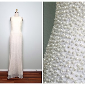 Vintage Pearl Beaded Wedding Dress / Ivory Glass Beaded Gown / Heavily Embellished Wedding Gown Small S XS XXS