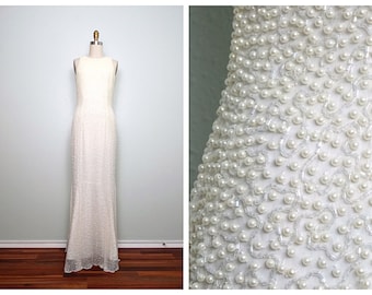 Vintage Pearl Beaded Wedding Dress / Ivory Glass Beaded Gown / Heavily Embellished Wedding Gown Small S XS XXS