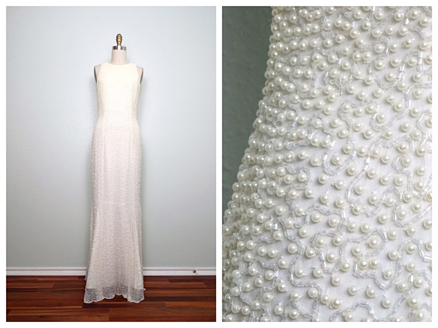 Vintage Pearl Beaded Wedding Dress / Ivory Glass Beaded Gown / - Etsy  Singapore