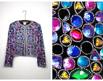 Glitz & Glam Jewel Beaded Jacket // Vintage Couture Sequined Bedazzled Jacket // Gemstone Embellished Cardigan Top M/L