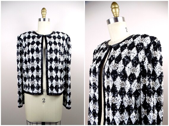 VTG Pearl Beaded Black and White Sequined Jacket … - image 1