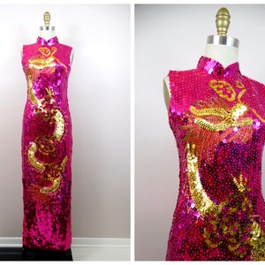VTG All Sequin Cheongsam Gown / Mandarin Party Dress / Oriental Phoenix Pink Sequined Gown Small XS