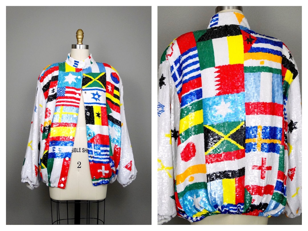 Vintage Sequin Bomber Jacket: Global Flags, Jeanette St. Martin - Etsy