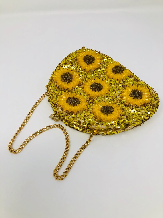 Retro Beaded Sunflower Purse // Yellow Beaded Gol… - image 3