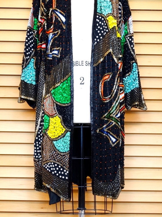 O/S Neon Sequin Duster Jacket / Hand Beaded Long … - image 3