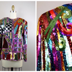 May include: A colorful sequined jacket with a geometric pattern. The jacket is made of a variety of colors, including red, orange, yellow, green, blue, purple, and pink. The sequins are arranged in a variety of patterns, including stripes, swirls, and squares.