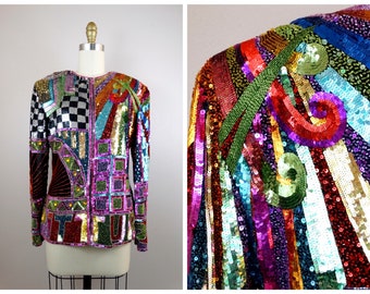 RETRO Rainbow Sequin Beaded Jacket // Glam Silk Sequined Funky Novelty Cardigan