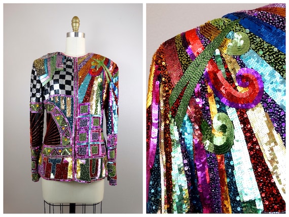 RETRO Rainbow Sequin Beaded Jacket // Glam Silk S… - image 1