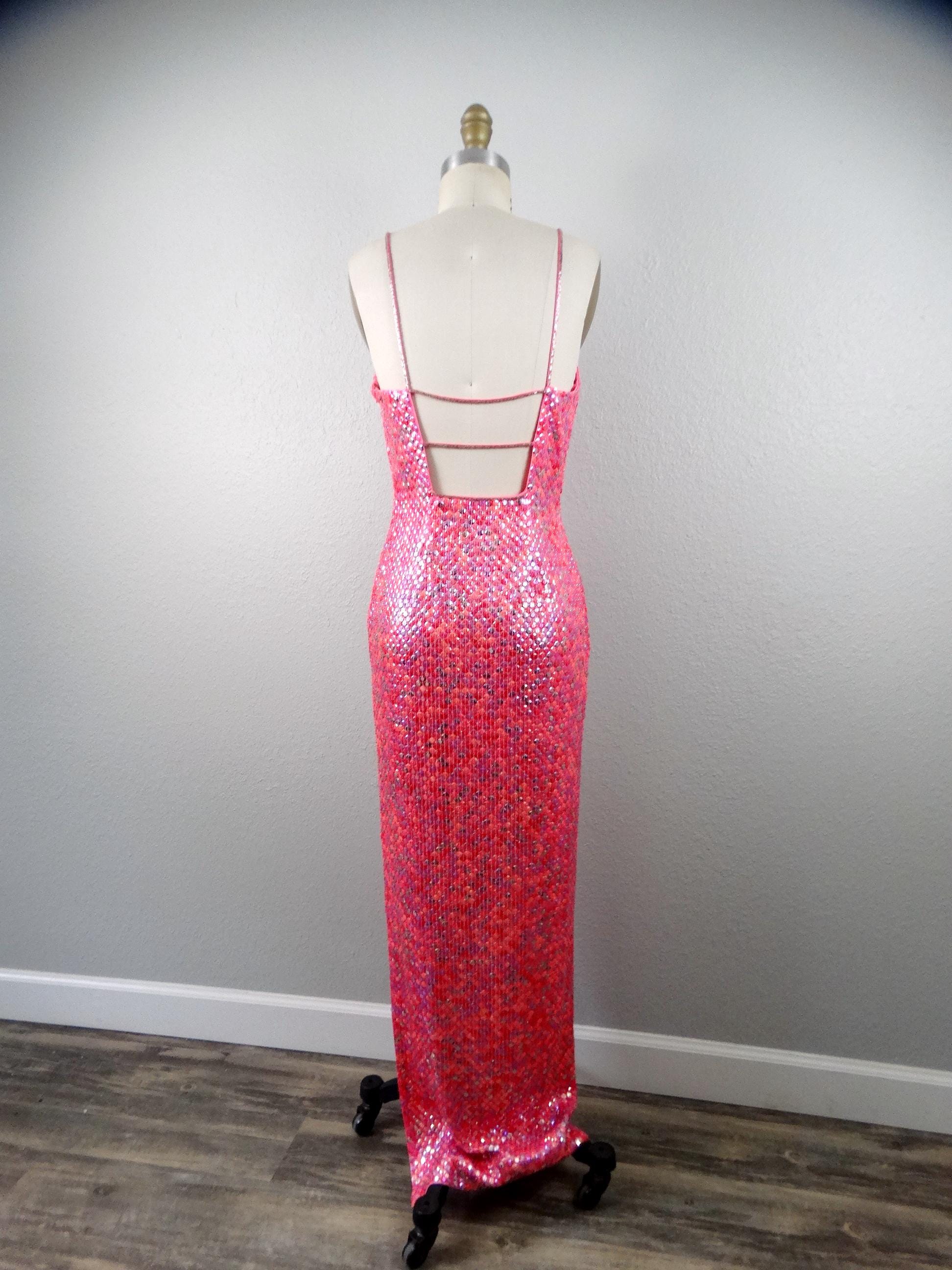 DAZZLING Barbie Pink Sequin Gown / Bright Hot Pink Sequined Dress W/ High  Slit Size Small - Etsy