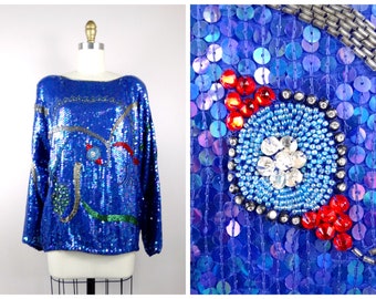 M / L 80er Jahre Strass Verkrustetes Blaues Pailletten Top // Glamouröses Statement Stück