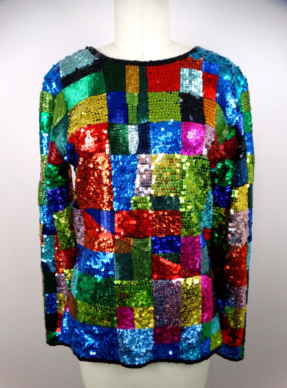 Retro Rainbow Sequin Top / Colorful Colorblock Be… - image 3